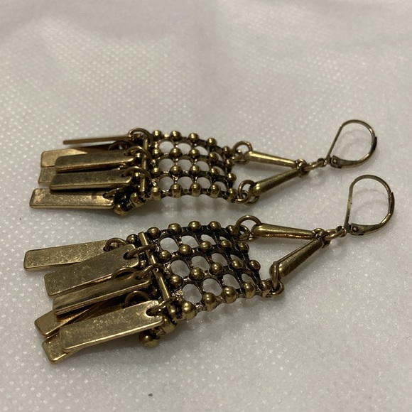 NWOT - Trendy Boho Brassy Ball & Rectangular Fringe Dangle Pierced Earrings - Picture 8 of 12